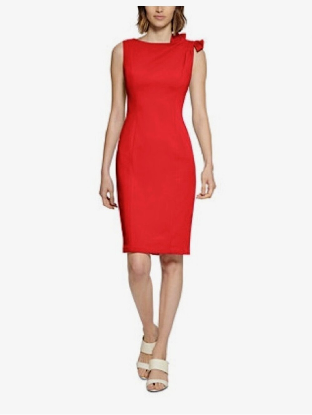 Red Sleeveless Sheath Dress with Bow Accent